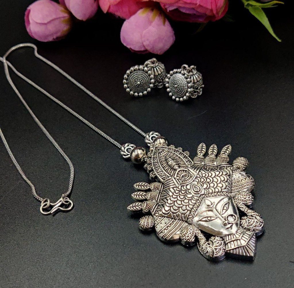 Oxidized Tribal Durgha Maa Necklace Pendant Set | Intricate Ethnic Necklace & Earrings