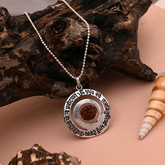 Sacred Gayatri Mantra Circle Pendant with Rudraksha – Antique Silver-Plated Necklace for Men