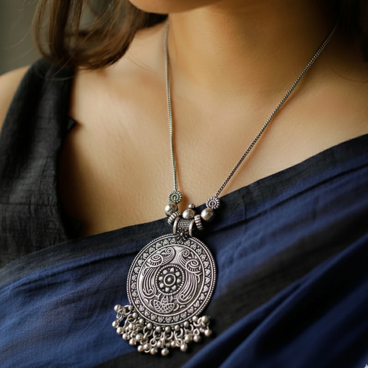 Oxidized Silver Mandala Necklace Set | Ghungroo Drop Jhumka Earrings