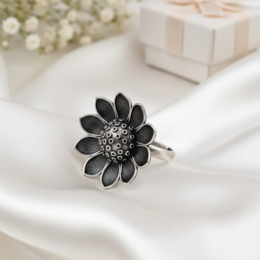 Adjustable Oxidized Silver Floral Ring | Layered Petal Statement Jewelry