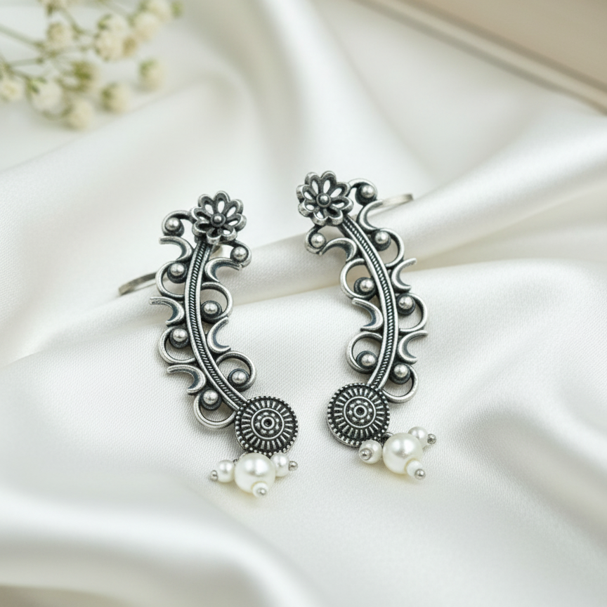 Oxidized Silver Floral Vine Ear Climber Earrings with Pearl Drop