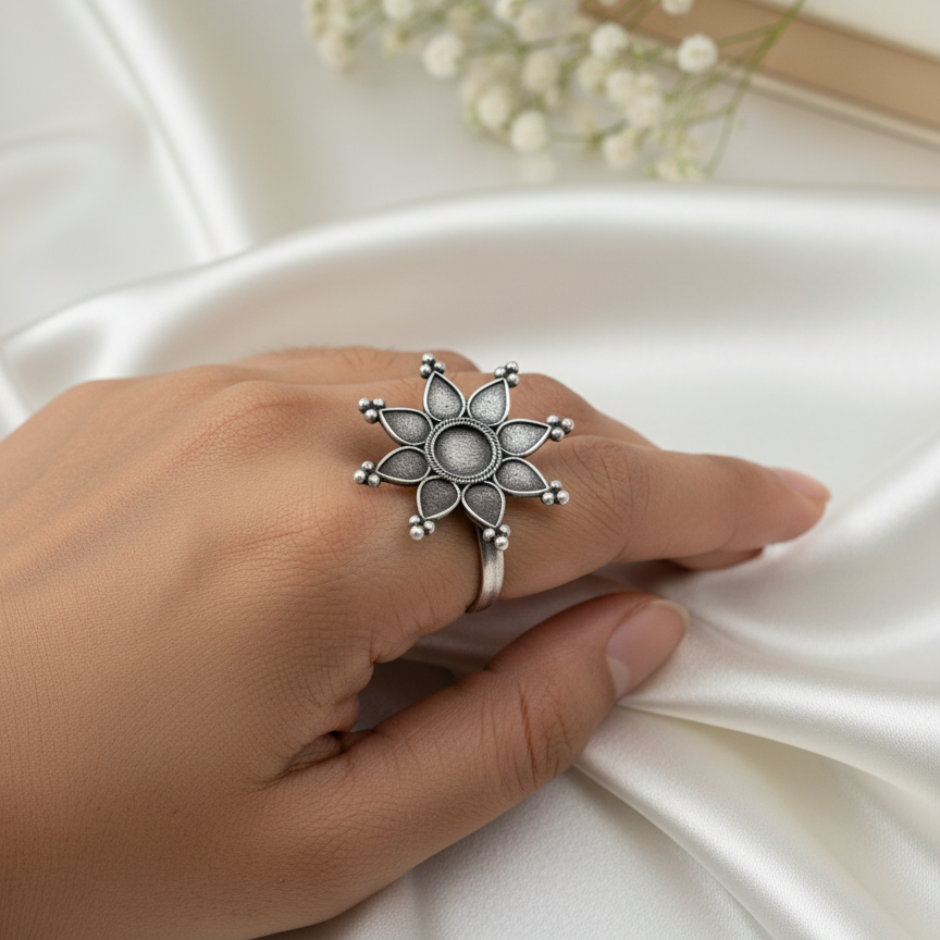 Oxidized Silver Flower Statement Ring - Adjustable