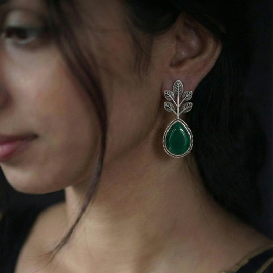 Emerald Green Teardrop Leaf Earrings - Oxidized Silver Ethnic Jewelry