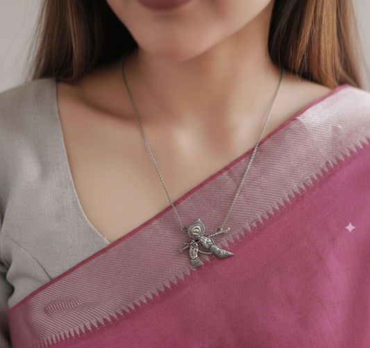 Oxidized Silver Lord Krishna Flute Pendant Necklace | Divine Flute Hands