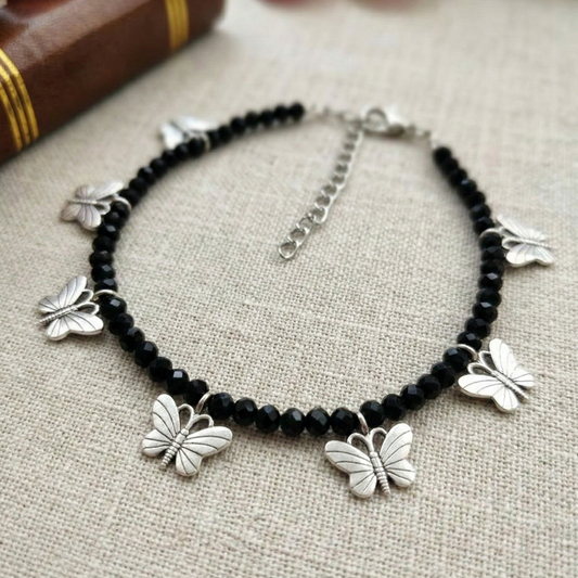 Butterfly Charm Black Beaded Anklet – Oxidized Silver Boho Payal with Adjustable Chain