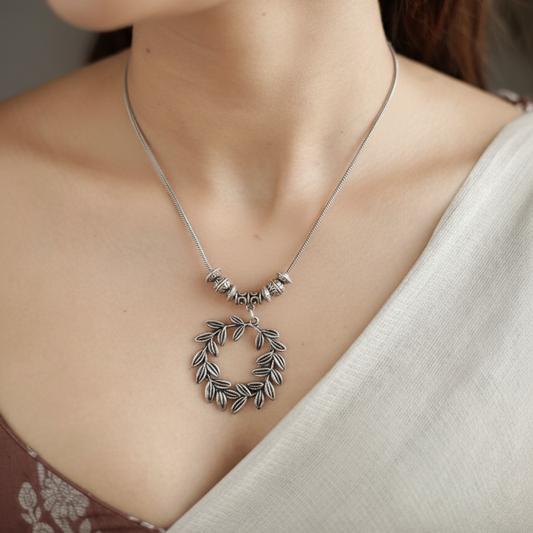 Oxidized Silver Leaf Wreath Necklace Set | Jhumka Earrings & Bead Chain