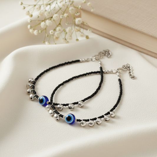 Black Beaded Evil Eye Anklets | Silver Charms & Ghungroo Payal