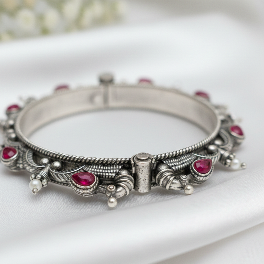 Oxidized Silver Finish Teardrop Ruby Stone Bangle | Free Size Bracelet