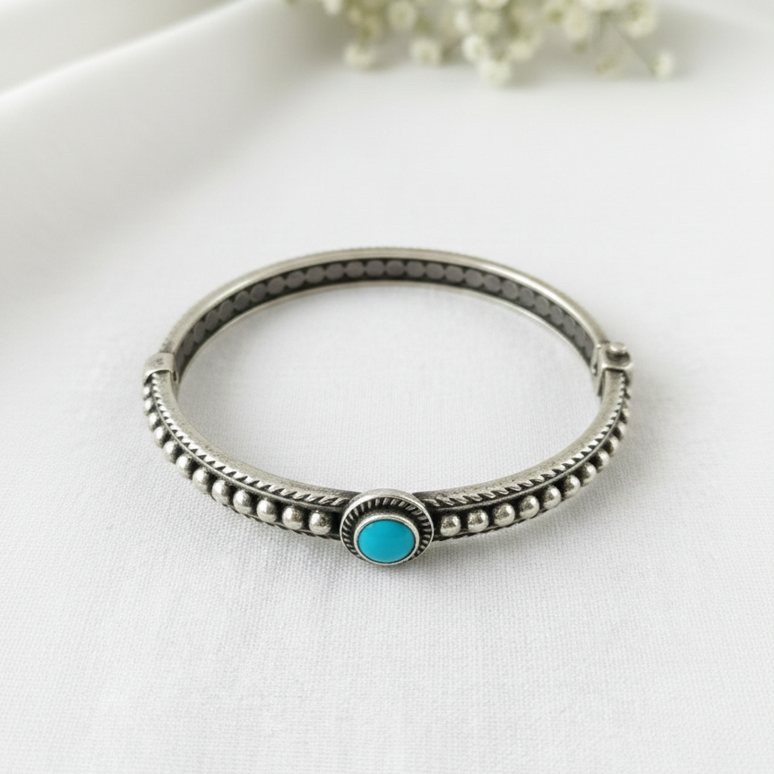 Silver Handcrafted Turquoise Bangle – Adjustable Antique Silver Finish Bracelet