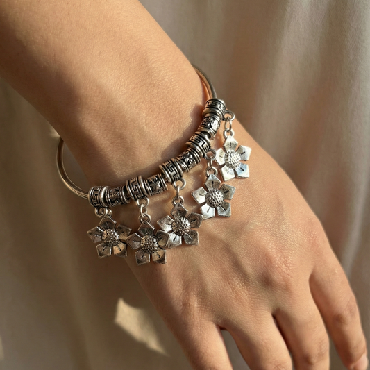 Oxidized Silver Flower Charm Open Cuff Bracelet - Adjustable