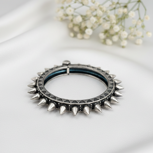 Oxidized Silver Spiked Adjustable Bangle | Punk Style Ethnic Kada