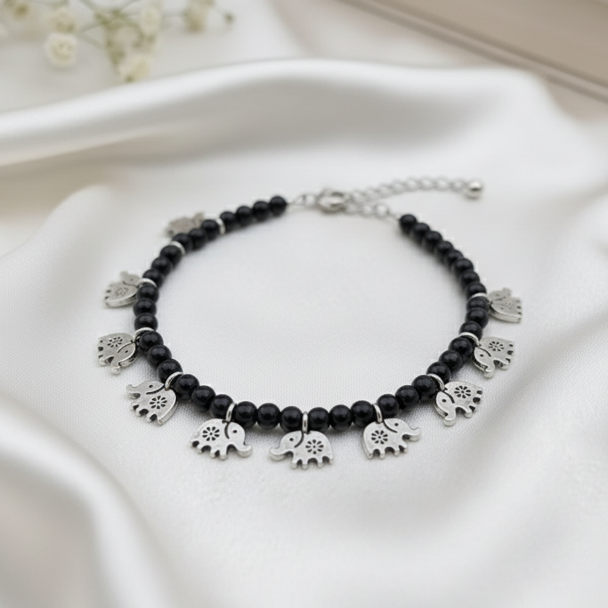 Handcrafted Black Beaded Elephant Charm Adjustable Anklets - Pair