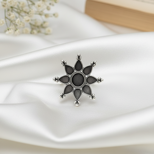 Oxidized Silver Flower Statement Ring - Adjustable