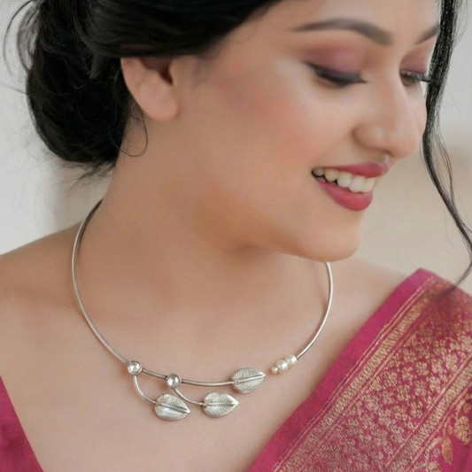 Oxidized Silver Leaf & Pearl Torque Necklace - Adjustable Choker Style