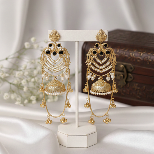 Royal Gold-Plated Long Jhumka Earrings with Emerald Stones & Pearls