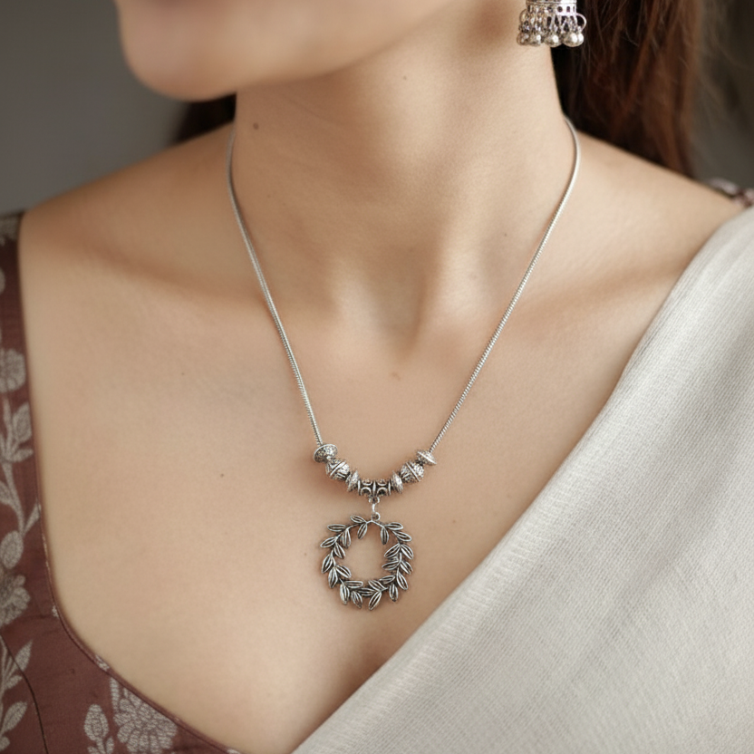 Oxidized Silver Leaf Wreath Necklace Set | Jhumka Earrings & Bead Chain