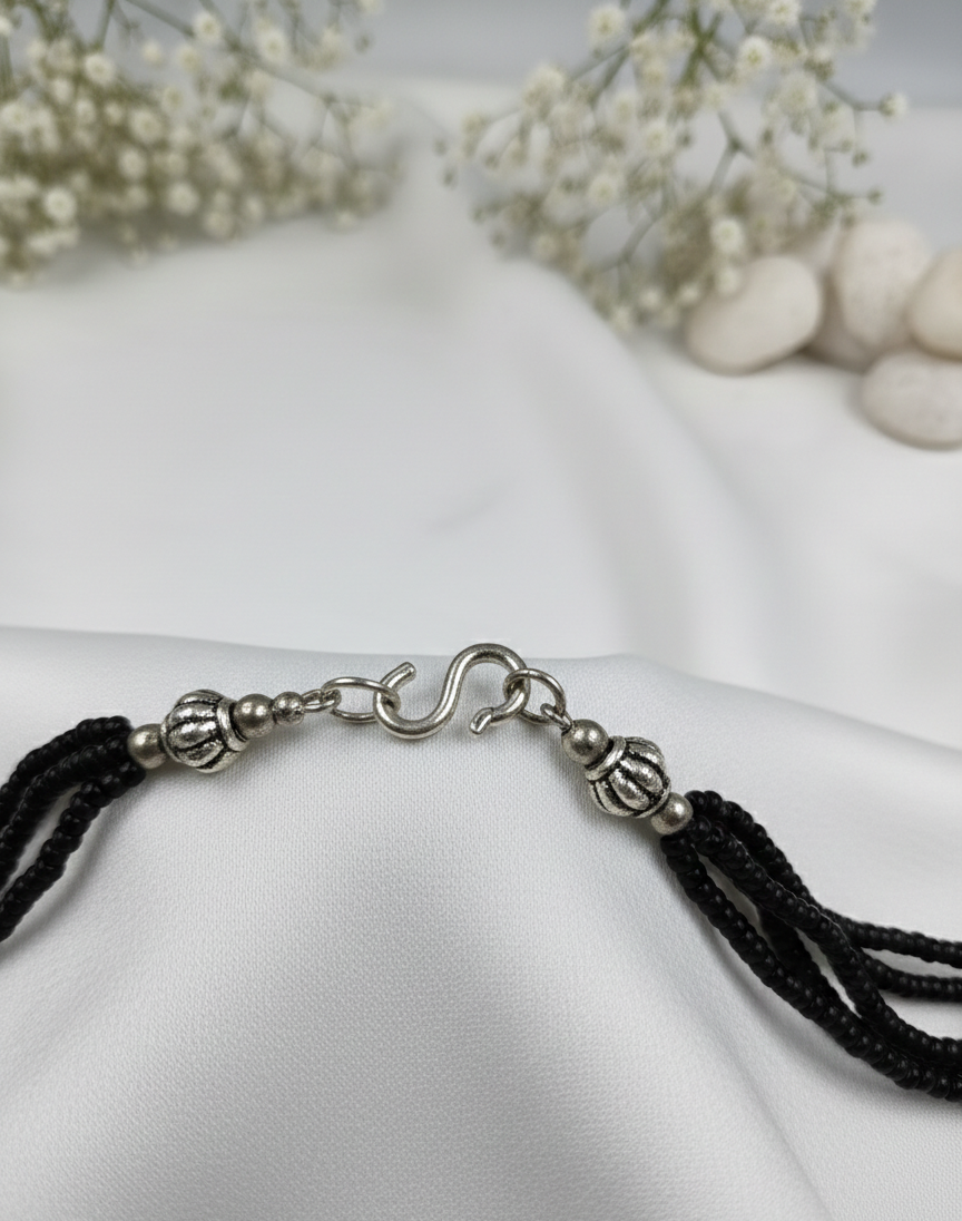 Oxidized Silver Black Bead Necklace | Tribal Crescent Pendant Jewelry