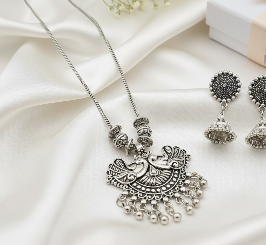 Oxidized Silver Double Peacock Necklace Set | Jhumka Earrings Ghungroo