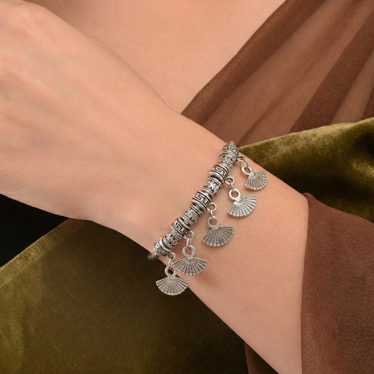 Oxidized Silver Fan Charm Cuff Bracelet - Adjustable