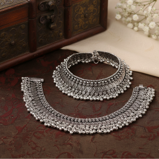 Tribal Oxidized Silver Ghungroo Anklets Pair | Statement Payal Set