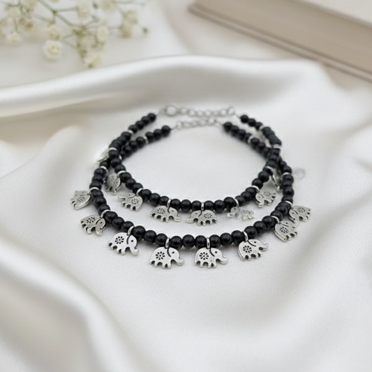 Handcrafted Black Beaded Elephant Charm Adjustable Anklets - Pair