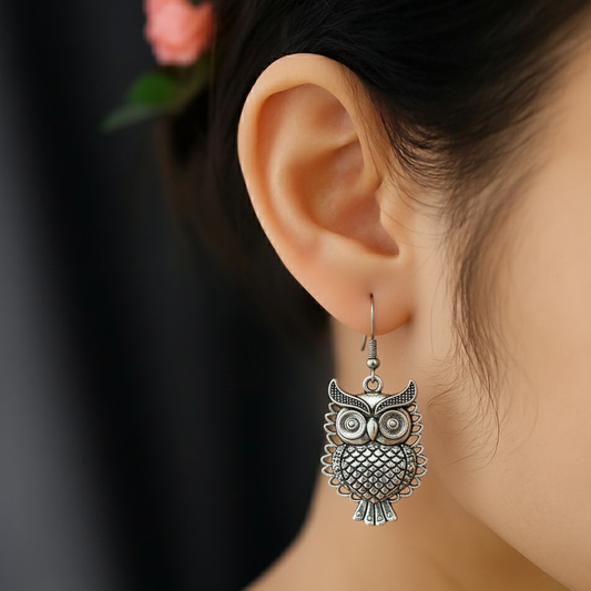 Oxidized Silver Owl Dangle Earrings | Bohemian Wise Owl Statement Jewellry for Women