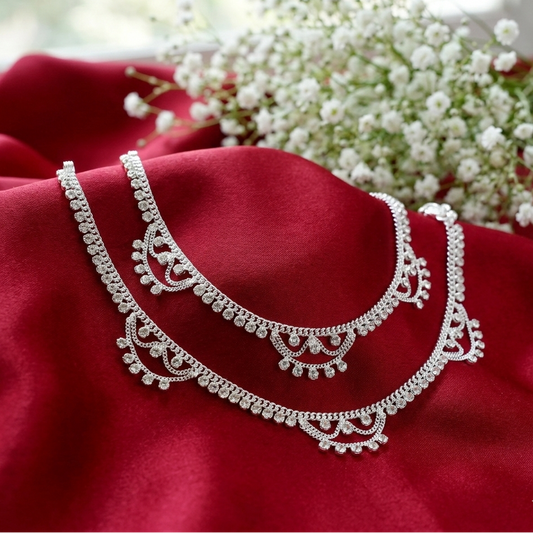 Elegant Silver Zircon Studded Lace Pattern Anklets Daily Wear Payal