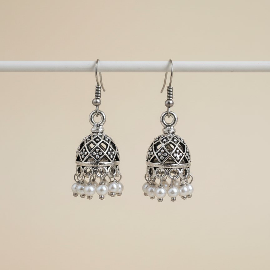 Classic Pearl Drop Jhumki Earrings | Antique Silver Finish Indian Ethnic Jewellry for Women
