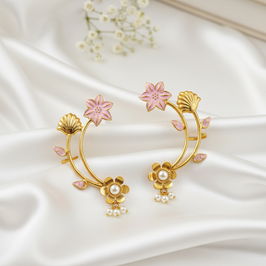 Grand Gold Toned Floral Ear Cuffs (Pair) with Pearl Accents