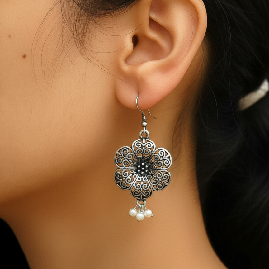 Intricate Oxidized Silver Filigree Flower Drop Earrings