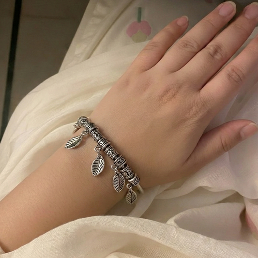 Silver Leaf Charm Open Cuff Bracelet - Adjustable Tribal Boho Dangle Kada for Women
