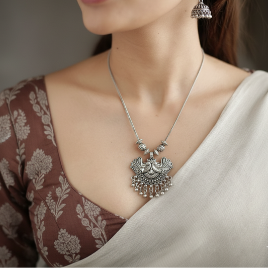 Oxidized Silver Double Peacock Necklace Set | Jhumka Earrings Ghungroo