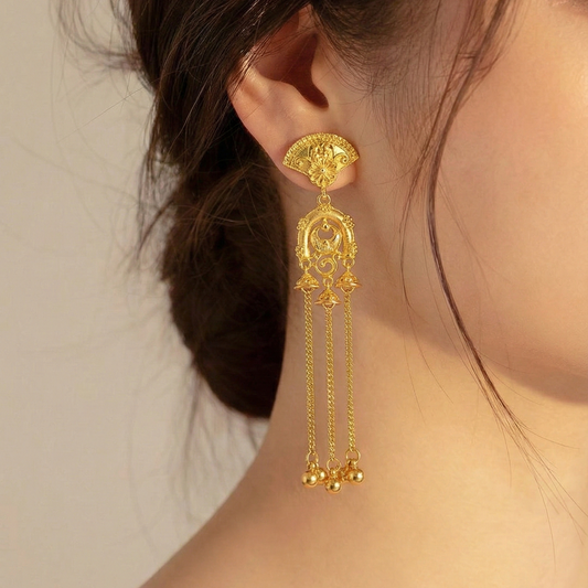 Gold Plated Peacock Kashmiri Earrings | Traditional Long Tassel Dangler Jewelry
