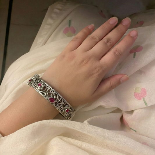 Oxidized Silver Finish Floral Filigree Bangle Bracelet with Ruby Pink Stone Accents