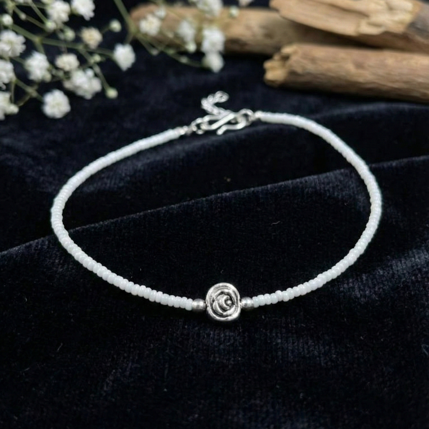 Ethnic Rose Charm Anklet | White Beads Silver Replica Best Traditional Jewellery