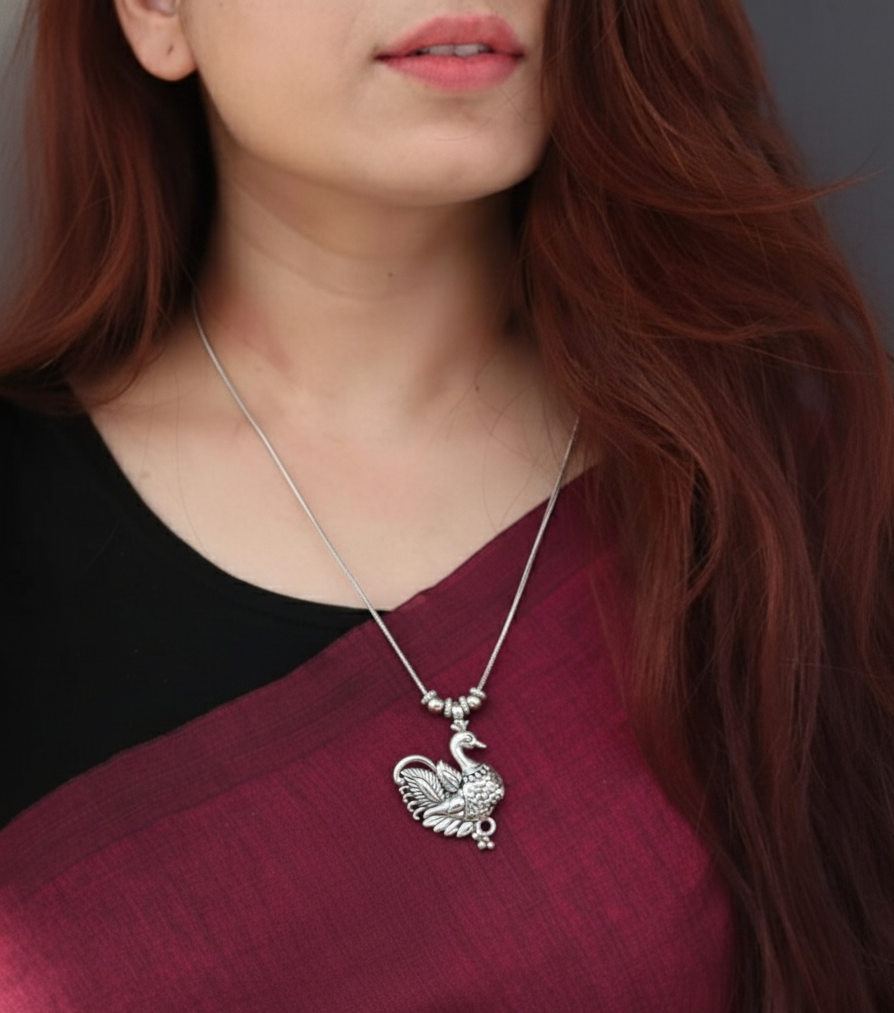Oxidized Silver Peacock Pendant Necklace & Jhumka Earring Set