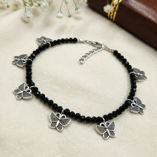 Drop Butterfly Charm Black Beaded Anklet – Oxidized Silver Boho Payal with Adjustable Chain