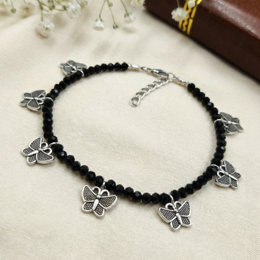 Drop Butterfly Charm Black Beaded Anklet – Oxidized Silver Boho Payal with Adjustable Chain