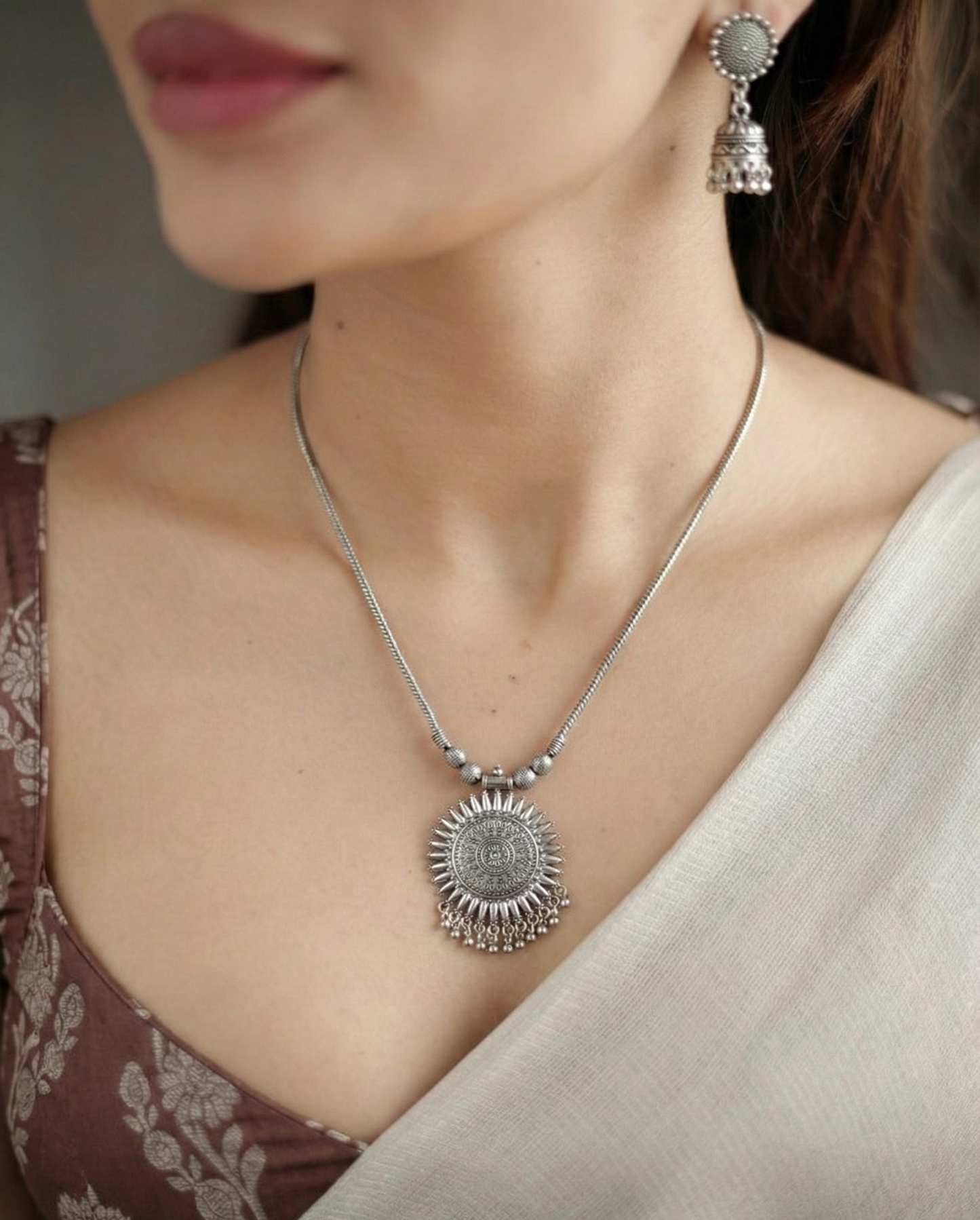 Tribal Sunburst Oxidized Necklace Set | Boho Ethnic Jewelry with Jhumkas