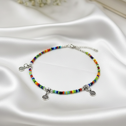 Boho Rainbow Adjustable Anklet with Silver Charm Dangles