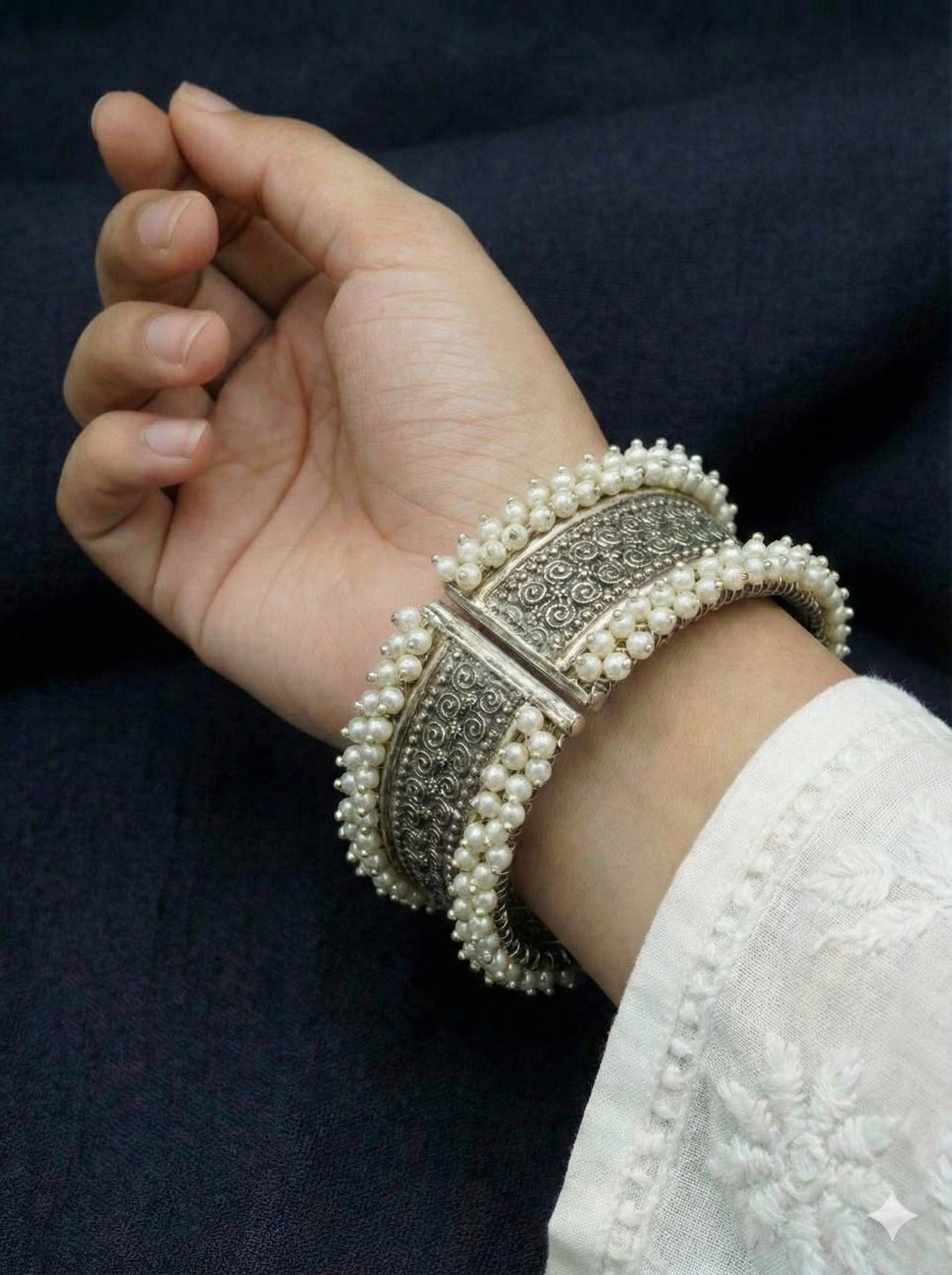 Stunning Oxidized Silver & Pearl Statement Bangle