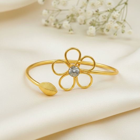 Delicate Gold Tone Daisy Flower Open Bangle | Gold Floral Cuff Bracelet