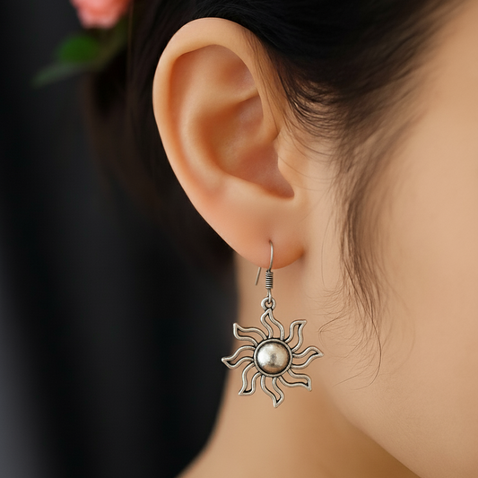 Oxidized Silver Sun Earrings | Bohemian Boho Celestial Dangle Drop Jewelry for Women & Girls
