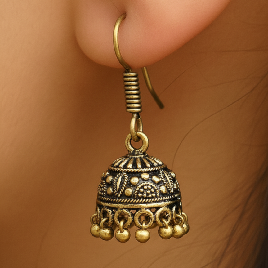 Antique Gold Toned Mini Jhumka Earrings - Traditional Indian Ethnic Dangler with Ghungroo Bells