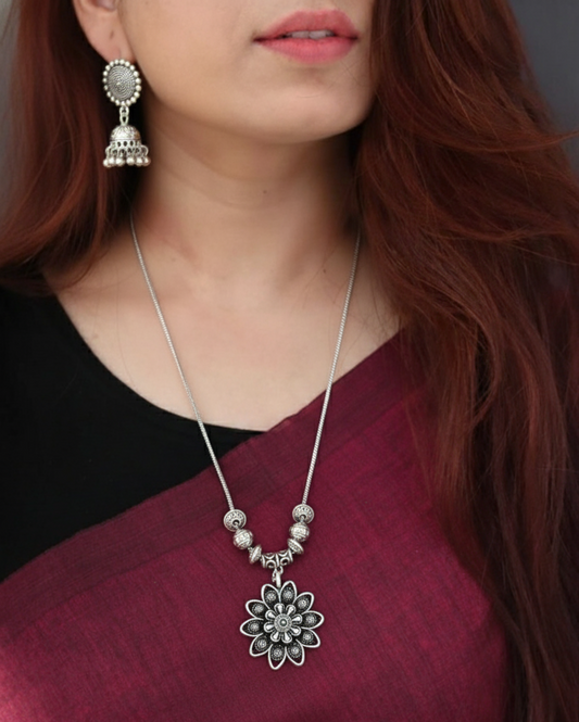Silver Flower Mandala Necklace Set | Jhumka Earrings Dangler