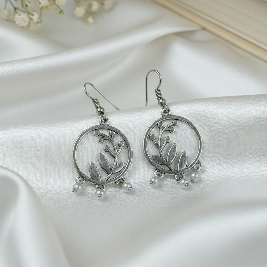 Silver Hoop Earrings with Vine & Leaf Motif - Bohemian Dangle Drop Earrings