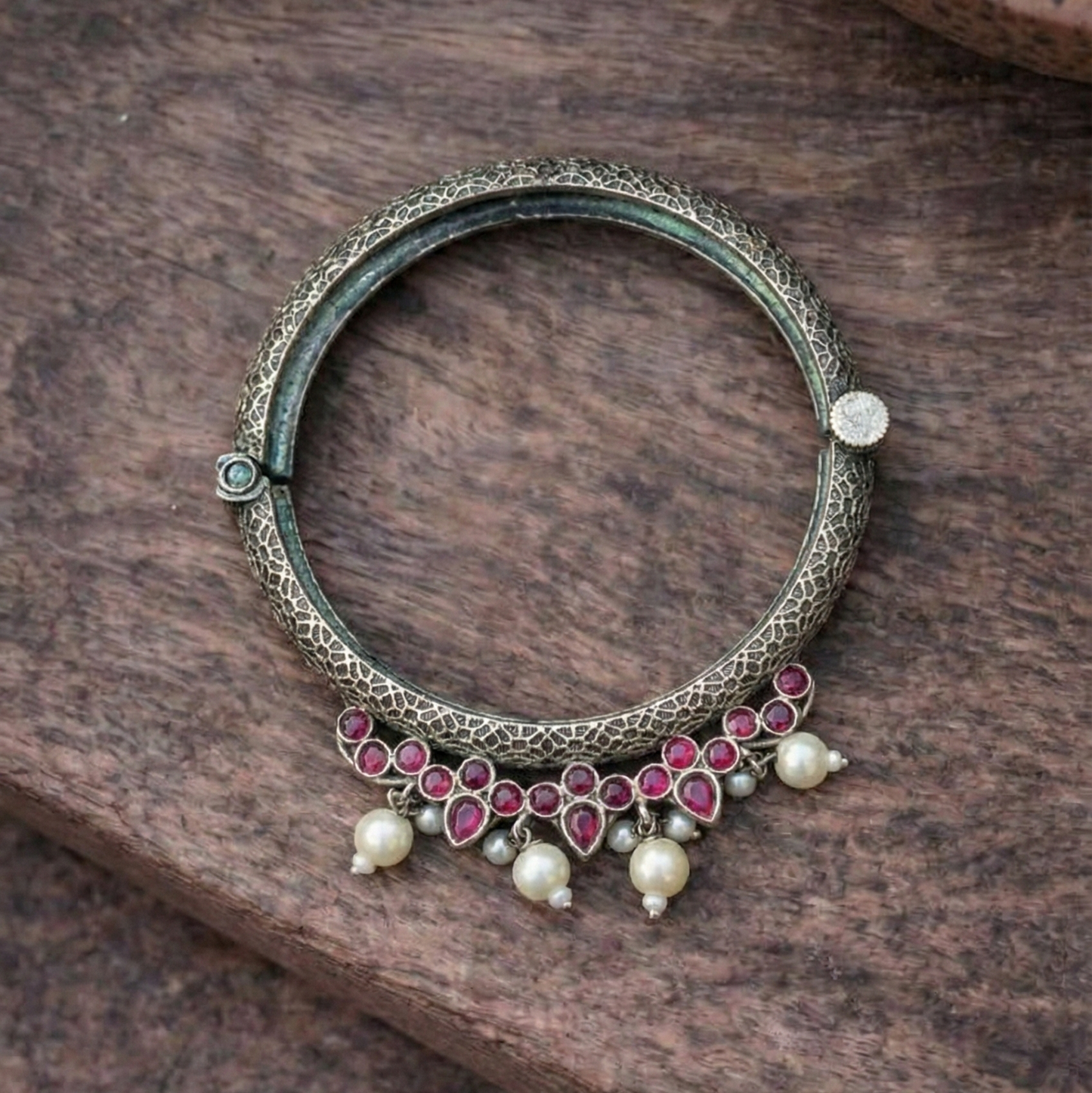 Oxidized Silver Tribal Bangle with Ruby-Red Stones & Pearl Droplets – Handcrafted Ethnic Kada