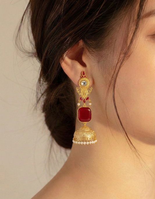 Traditional Ruby Red Square Stone Gold-Plated Jhumka Earrings with Pearls