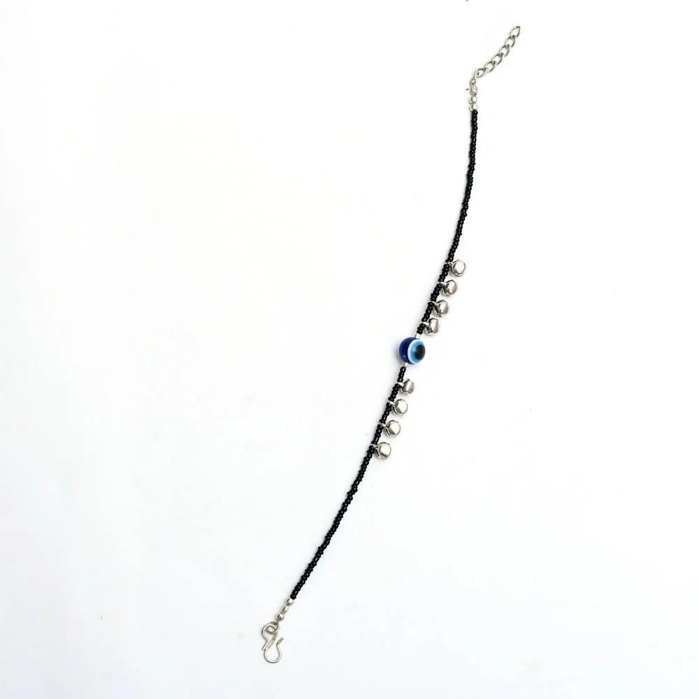 Black Beaded Evil Eye Anklets Pair | Silver Charms & Ghungroo Payal
