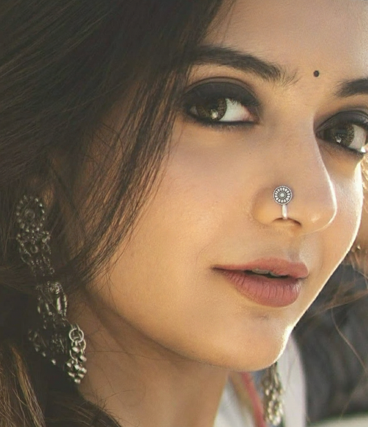 Tribal Oxidized Silver Clip-On Nose Pin | Sunburst No-Piercing